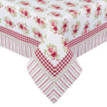 nappe 100x100 cm blanche à fleurs roses liseré vichy rouge en coton