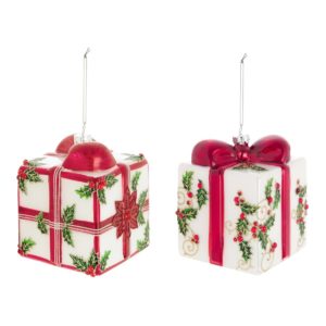 Lot De 2 Boules De Noël Cadeaux Assorties En Verre à Suspendre Blanc Et Rouge 10x12x36 CM