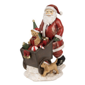 Figurine Décorative Père Noël En Résine Rouge Avec Sa Charette Remplie De Jouets H15 CM