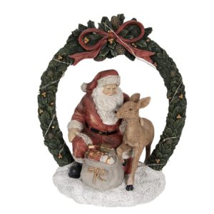 Figurine Décorative Lumineuse Père Noël Avec Un Jeune Renne En Résine Rouge Et Vert H23 CM