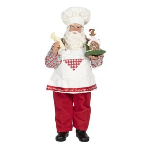 Figurine Décorative Père Noël Cuisinier Rouge Et Blanc En Tissus H28 CM
