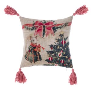 Coussin Brodé En Coton Avec Pompons Rouge 30x30 CM Collection Souris De Noël